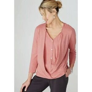J Jill‎ Top Women's Medium Pink 3/4 Sleeve Button Front Cross Front Blouse Soft